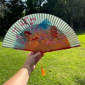 Vintage Hand-Painted Japanese Hand-Held Folding Wood Fan